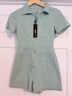 Fashion Nova Mint Green Short Sleeve Zip Romper